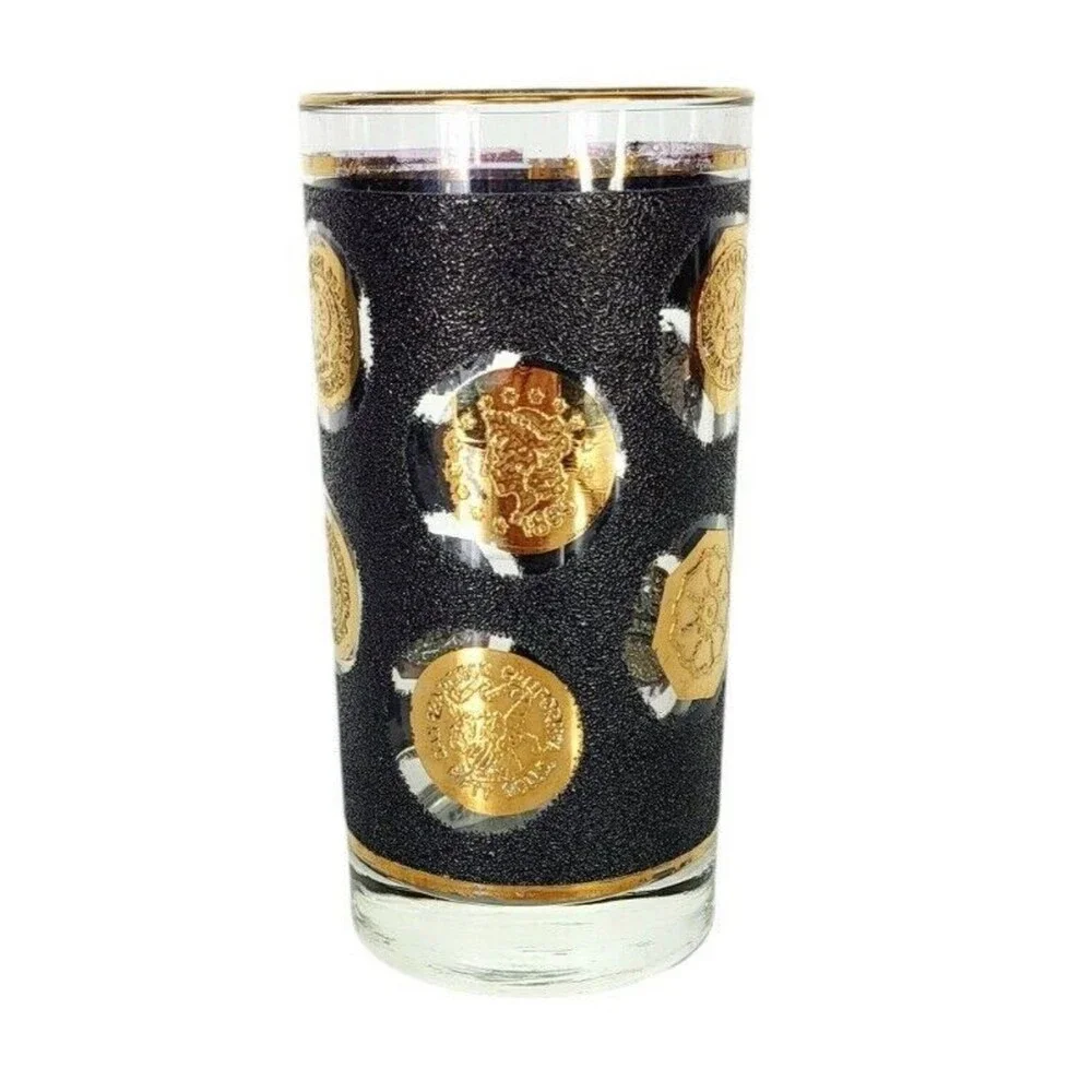 Vintage Libbey 60s MCM Black Gold Old World Coin Highball Tumbler Barware Glass